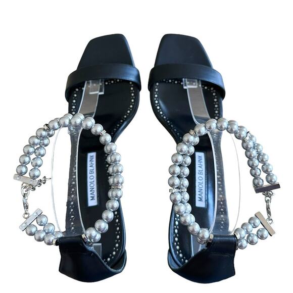 Manolo Blahnik Charona Black Leather Pearl Ankle Strap High Heel Sandals 40.5 - Picture 6 of 12